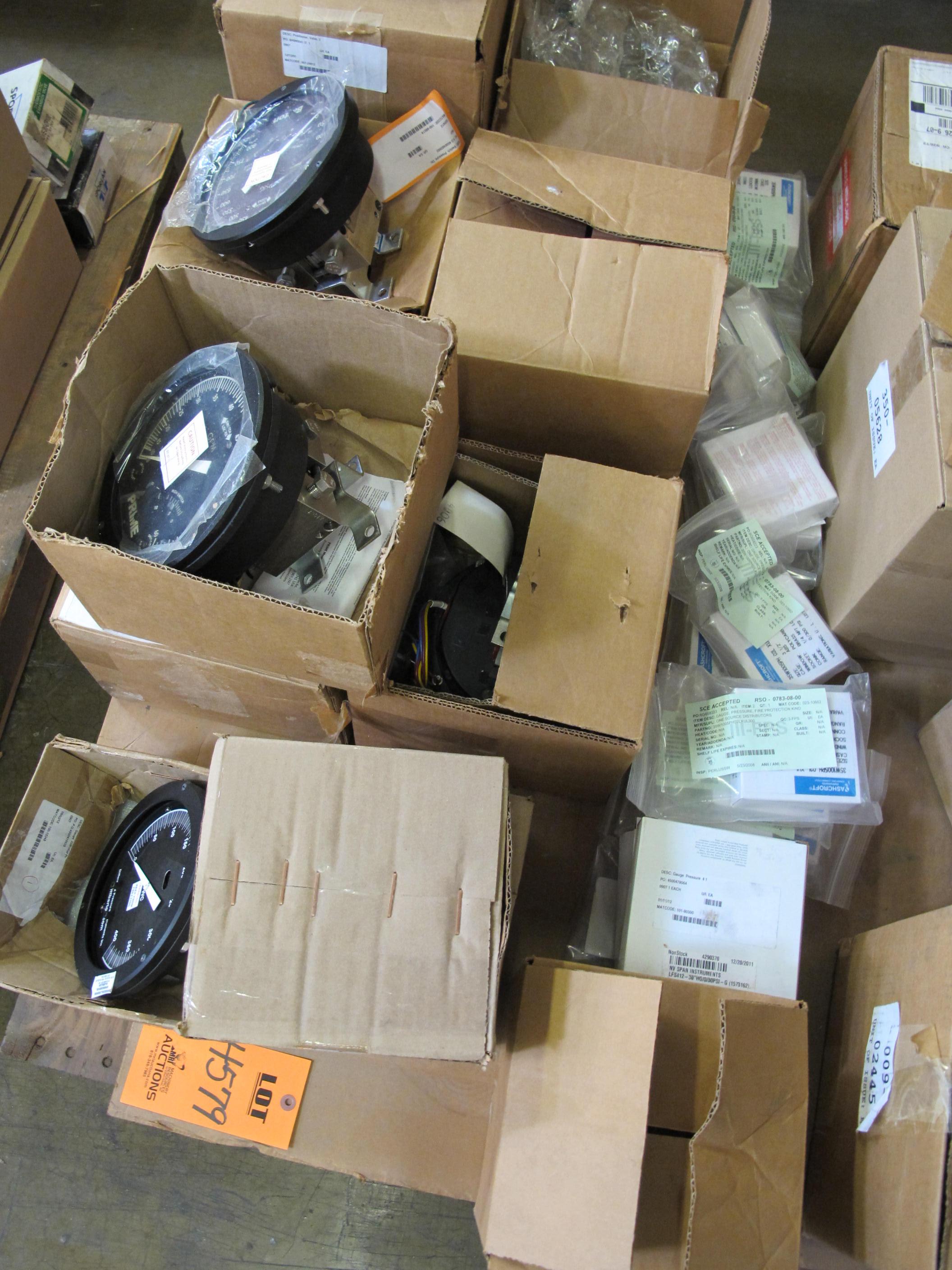 LOT TO INCLUDE BARTON, ASHCROFT, FISHER, PRIME: (2) SWITCHES, PRESSURE TYPE, DUAL DIFFERENTIAL KIND, BELLOWS INCONEL MATERIAL, HOUSING SST ENCLOSURE, 1/4" NPTF TOP AND BOTTOM CONNECTION, 114V 5A ELEC RATING, 0-800 PSIG, 1500 PSIG PROOF RANGE, (3) GAUGES, FLOW TYPE, 6 INCH GAUGE FACE SIZE, 0-60 GPM RANGE, 1/4" NPTF TOP AND BOTTOM CONNECTION, (1) GAUGE, DIFFERENTIAL PRESS TYPE, 6" DIAL SIZE, 0-400" WATER RANGE, SS CONNECTION MATL, (13) GAUGES, PRESSURE TYPE, FIRE PROTECTION KIND, ABS MATERIAL, BRASS CONNECTION MATL, 3-1/2" DIAL SIZE, 0-300PSI RANGE, LOWER MOUNTING, 1/4"NPT NPT CONNECTION, (1) POSITIONER VALVE, SERIES 3660. LOADING & HANDLING FEE $15-4579